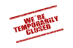 Image for our Temporary Closure during the COVID-19 epidemic 2020. A stamp info graphic with the text "We're Temporarily Closed" 