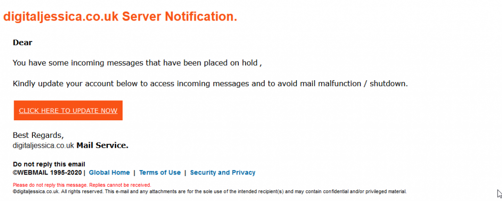 A screenshot displaying the contents of a fake phishing email alert, designed to steal information about your email account. 